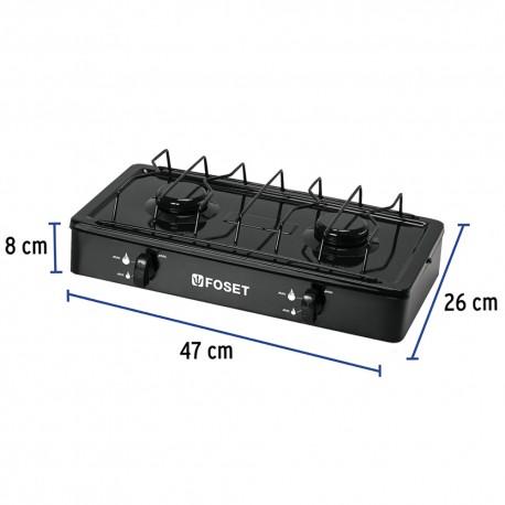 Parrilla de gas de sobreponer 2 quemadores, negra, Foset 48146