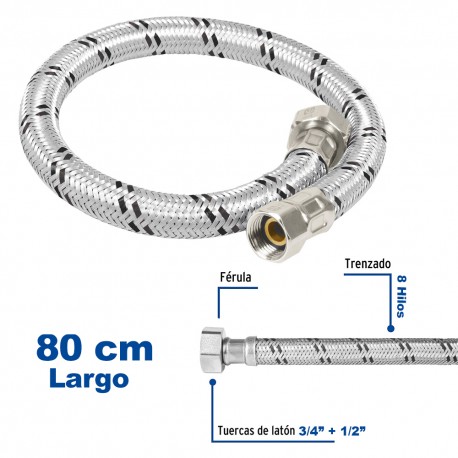 Manguera para boiler, acero inox, 1/2""x3/4"", 80 cm, Foset  49134