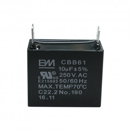 CAPACITOR 10 MF 250  VCA CUAD CON ANCLA TRABAJO CONTINUO COLILLAS