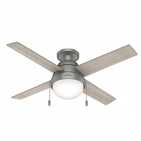 Ventilador de Techo HUNTER Kensie PLATA MATE con Luz 44"" 4 Aspas reversibles Cadena velocidades plafón de vidrio blanco  kit d