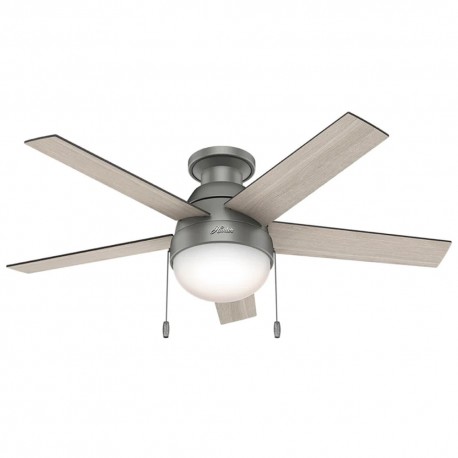 Ventilador de Techo HUNTER Anslee PLATA MATE  Con Luz 9W 46"" 5 Aspas Cadena para ajuste de velocidades Motor WhisperWind® reve