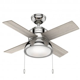 Ventilador de Techo HUNTER Loki NICKEL PULIDO  Con Luz 8W LED 46""  plafón de vidrio blanco Incluye 2 tubos de extensión de 4 y